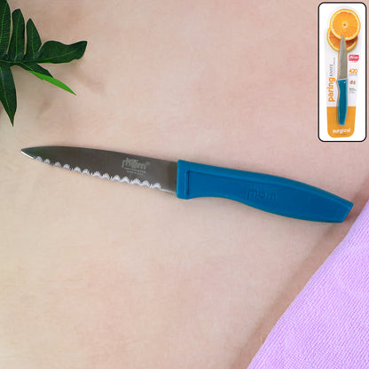 Wukusy Supermom premium stainless steel paring knife with black handle, ideal for precise kitchen peeling and slicing tasks.