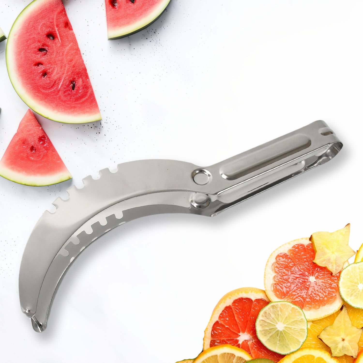 Wukusy 3-in-1 stainless steel watermelon and cantaloupe slicer knife with corer for fruit and vegetable preparation.