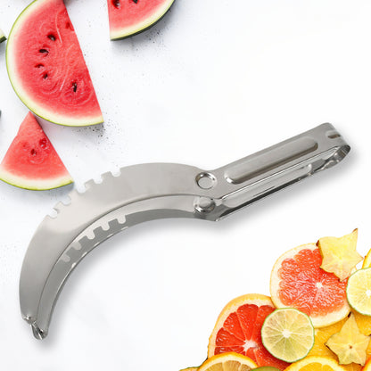 Wukusy 3-in-1 stainless steel watermelon and cantaloupe slicer knife with corer for fruit and vegetable preparation.