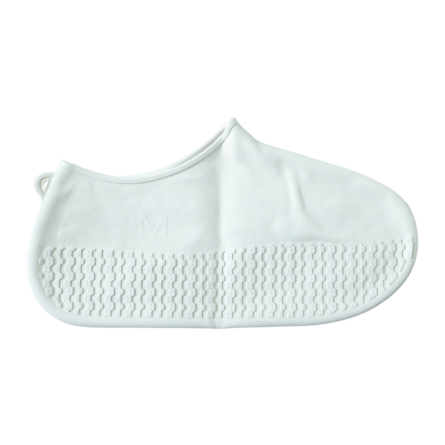 Pair of white waterproof silicone shoe covers in medium size by Wukusy, designed to protect shoes from water and dirt.