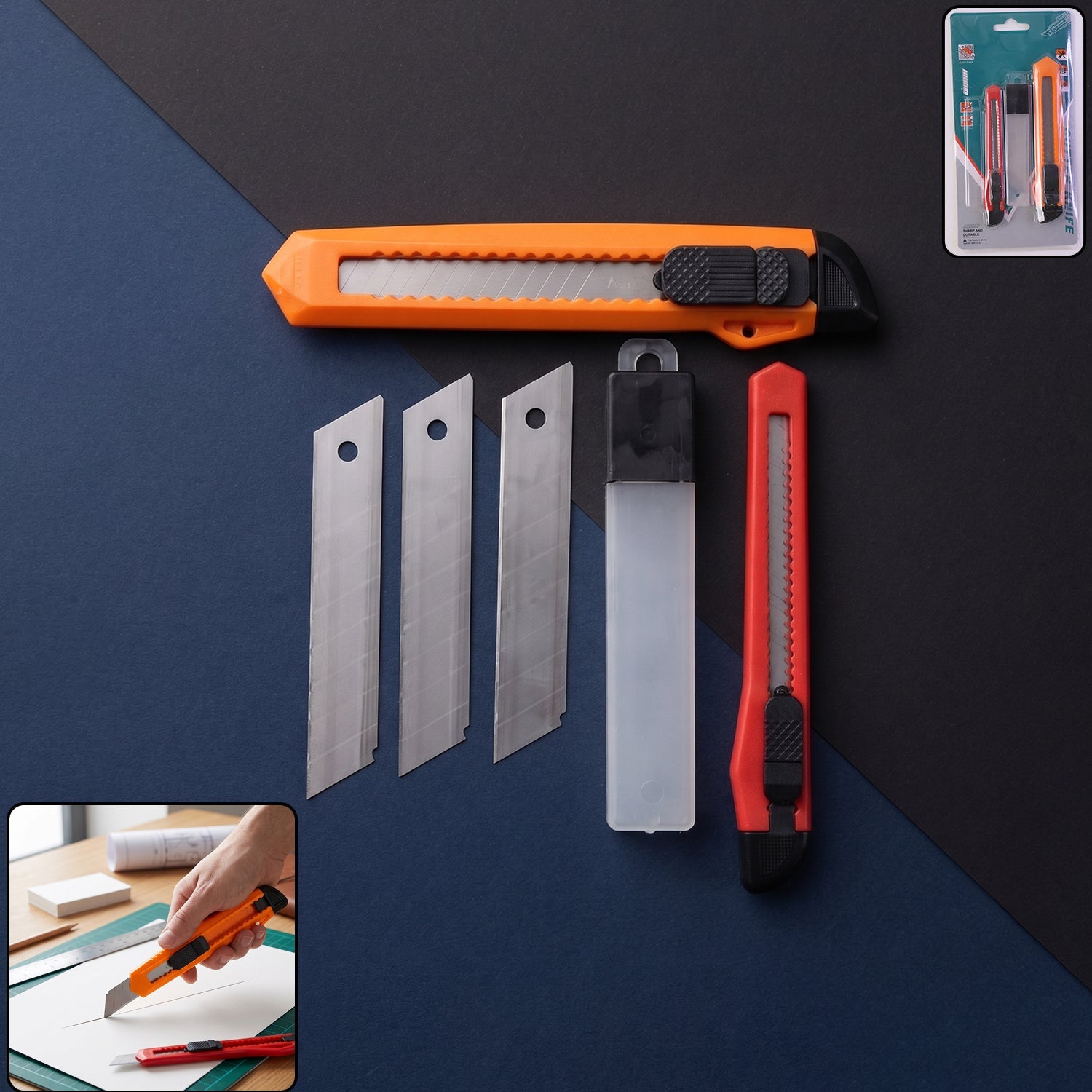 Wukusy professional utility knife cutter set with extra snap-off blades, featuring a sturdy handle and replaceable blades for versatile cutting tasks.