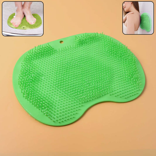 Purple silicone bath massage cushion with suction cups and exfoliating foot scrubber mat for relaxing foot care.