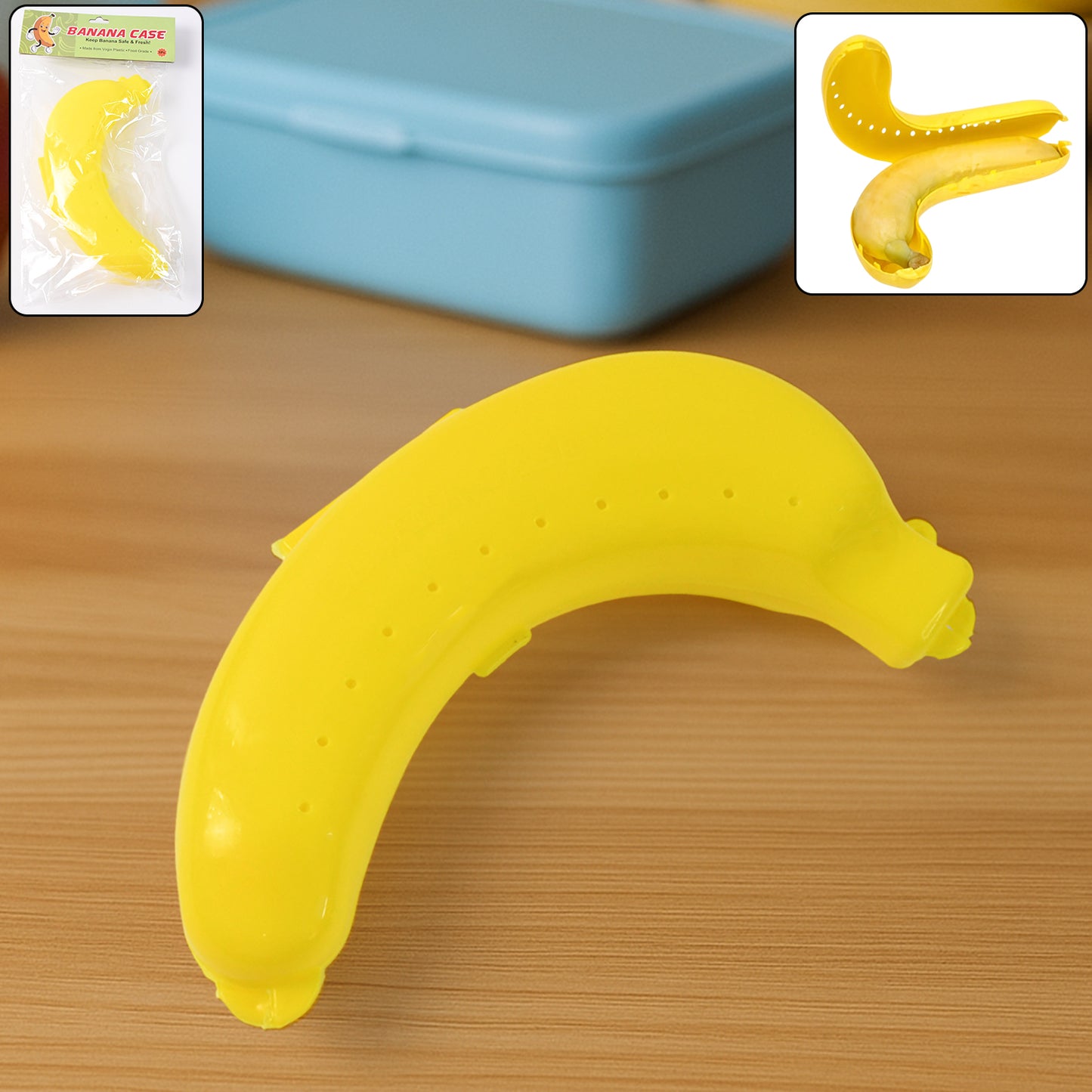 Yellow Wukusy banana-shaped lunch box, kitchen tool with a compact design for carrying snacks or small meals.