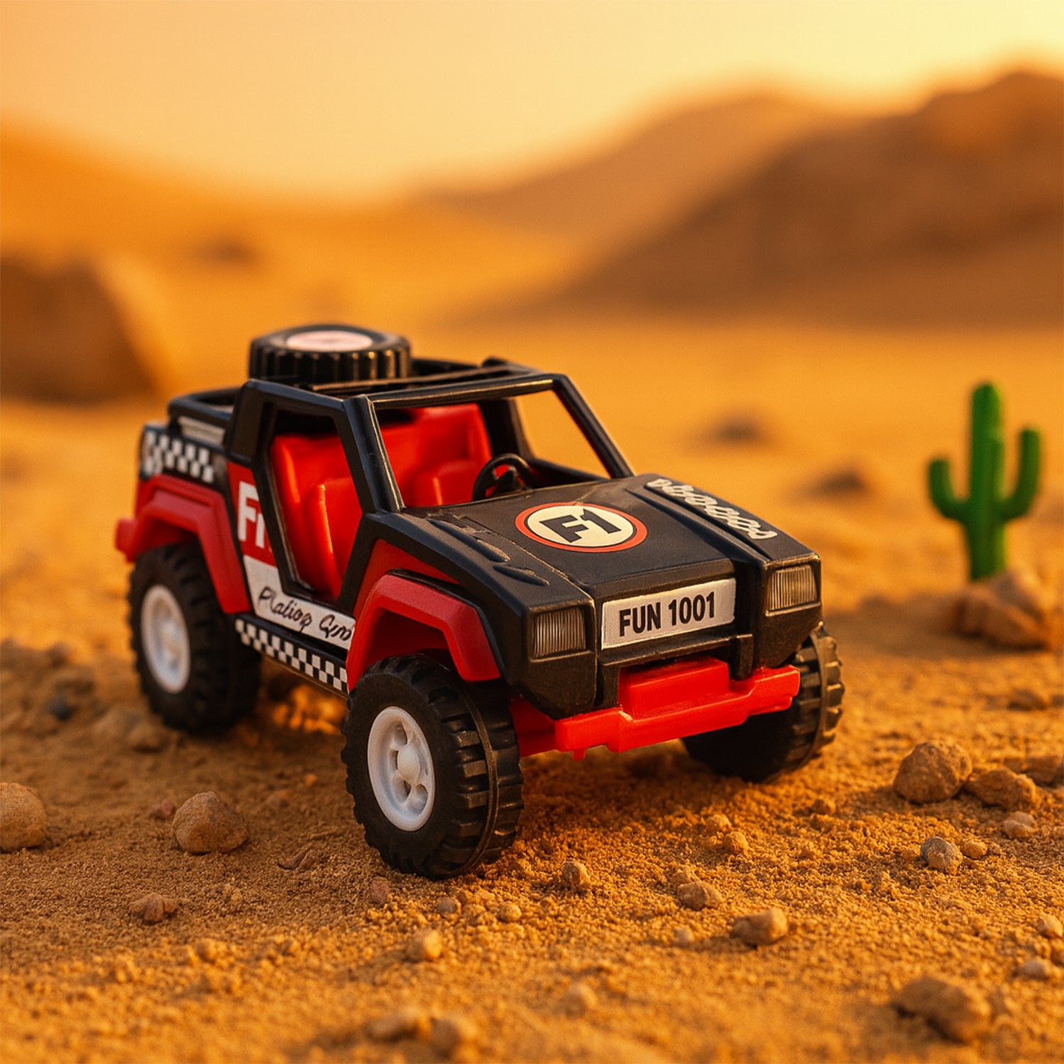 Wukusy Funwoods free-wheel racing Jeep toy car for kids, showing a colorful plastic toy with wheels ready for play.