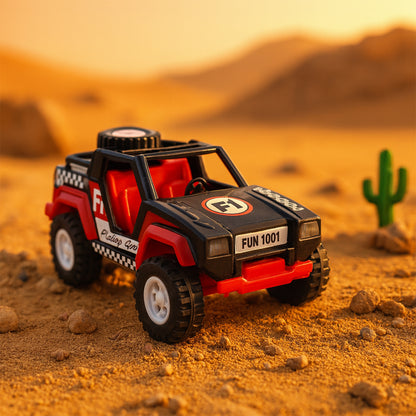 Wukusy Funwoods free-wheel racing Jeep toy car for kids, showing a colorful plastic toy with wheels ready for play.