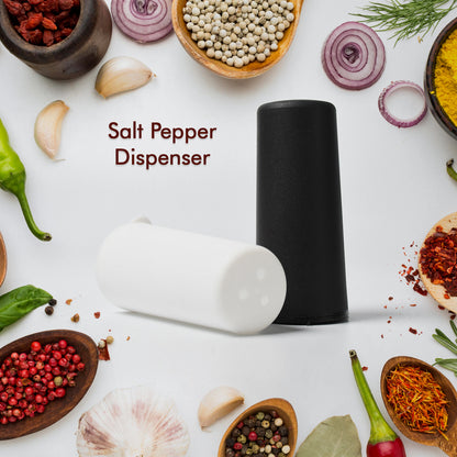 Wukusy salt and pepper dispenser set on a dining table, ideal for home and hotel spice storage, with sleek new look design.