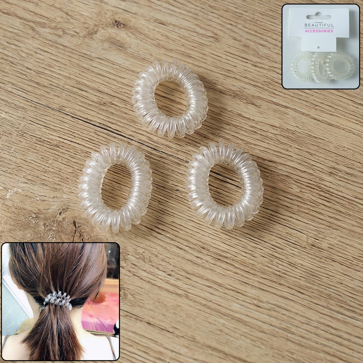 Set of three transparent spiral coil hair bands with matching cases by Wukusy, ideal for secure and stylish hair styling.