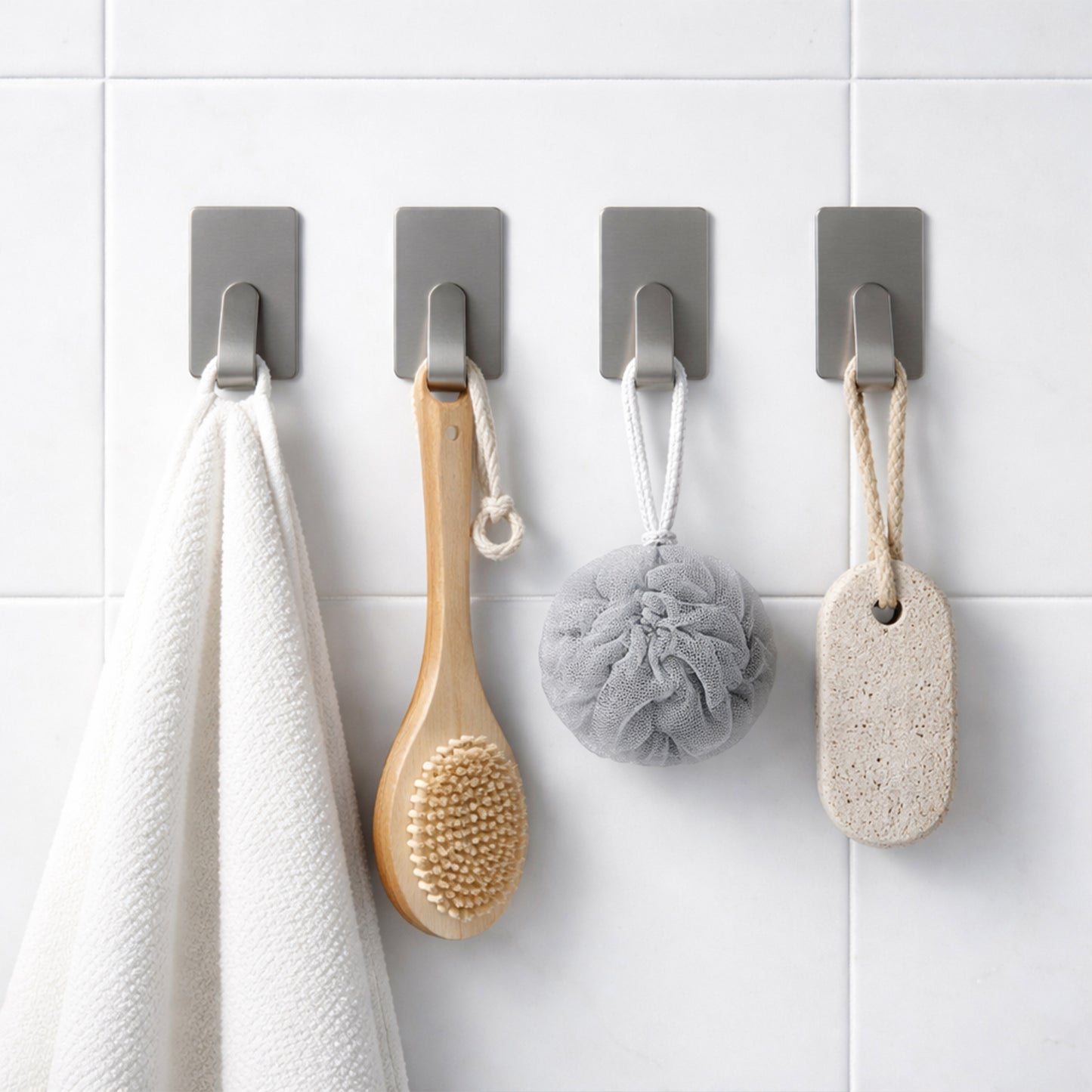Set of six Wukusy self-adhesive wall hooks mounted on a wall, demonstrating their strong adhesive and versatile use.