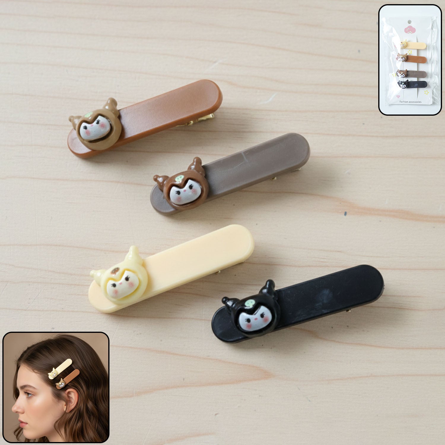 Set of four Wukusy cartoon animal face decorative hair clips featuring cute animal designs for kids and teens.