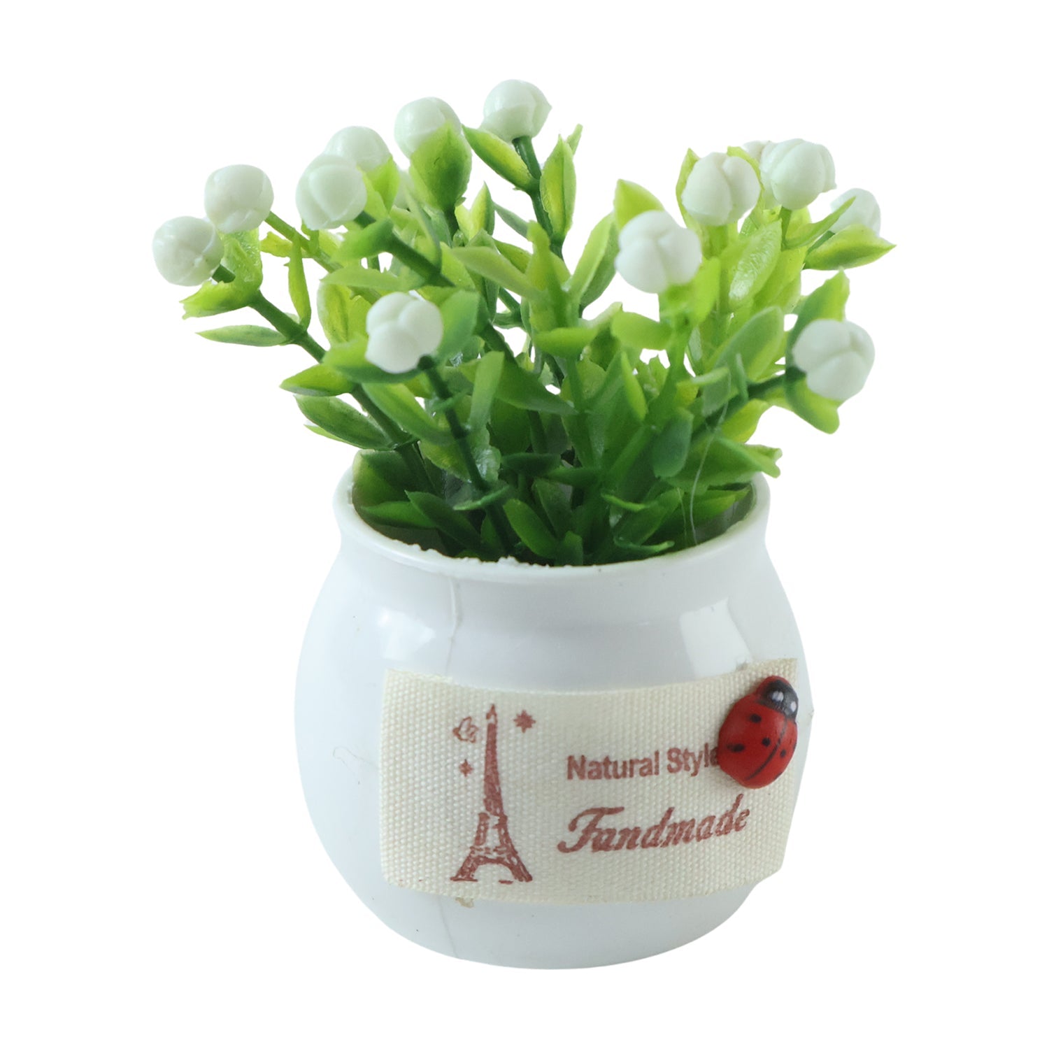 Mini artificial plant with white ceramic pot, Wukusy bonsai-style home decor flower, realistic indoor decorative plant.