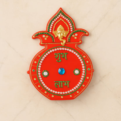 Decorative Kalash wall hanging with Shubh Labh design by Wukusy, ideal for home decor, featuring traditional Indian motifs.