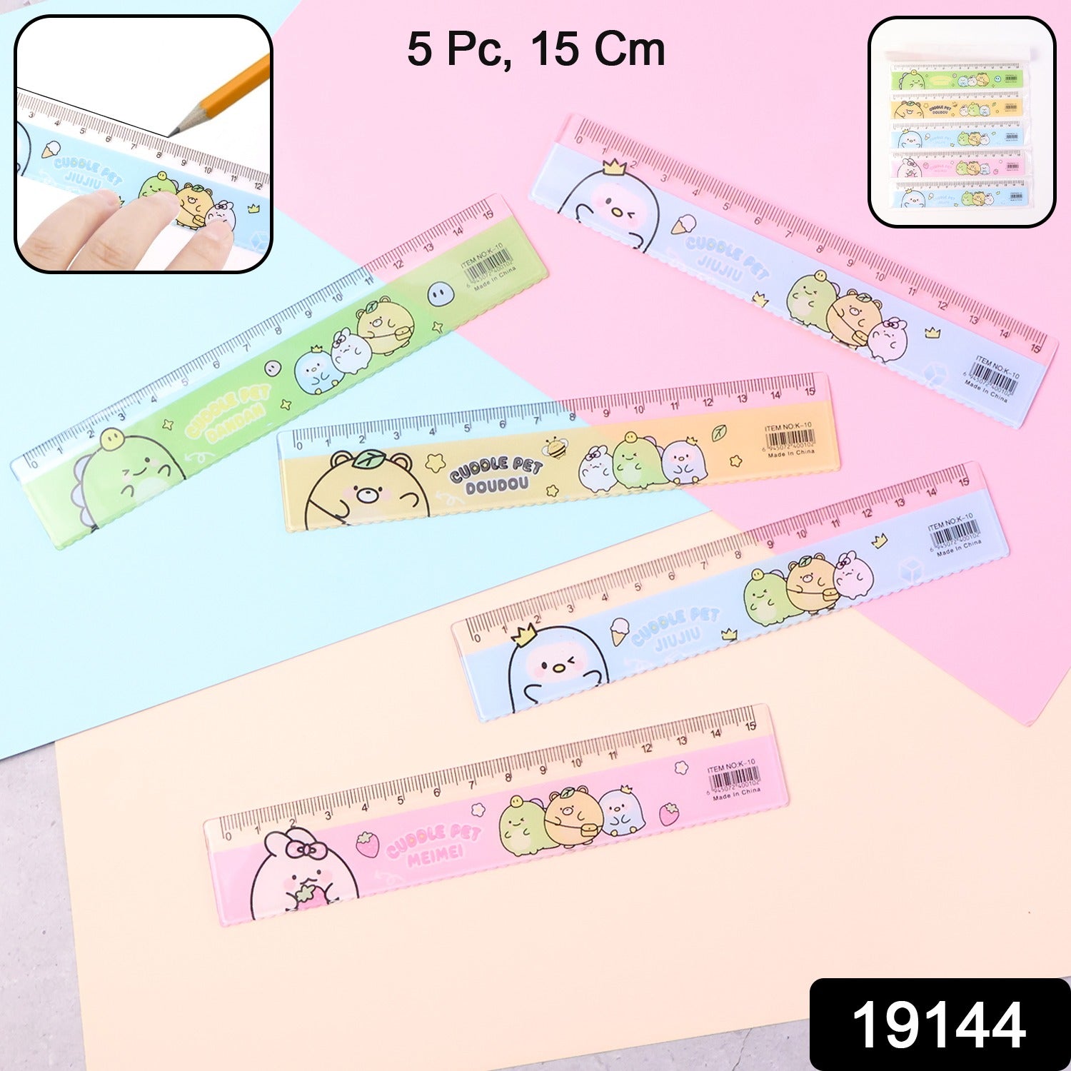 Set of five colorful cartoon plastic rulers for kids, featuring fun designs, ideal for school and office use by Wukusy.