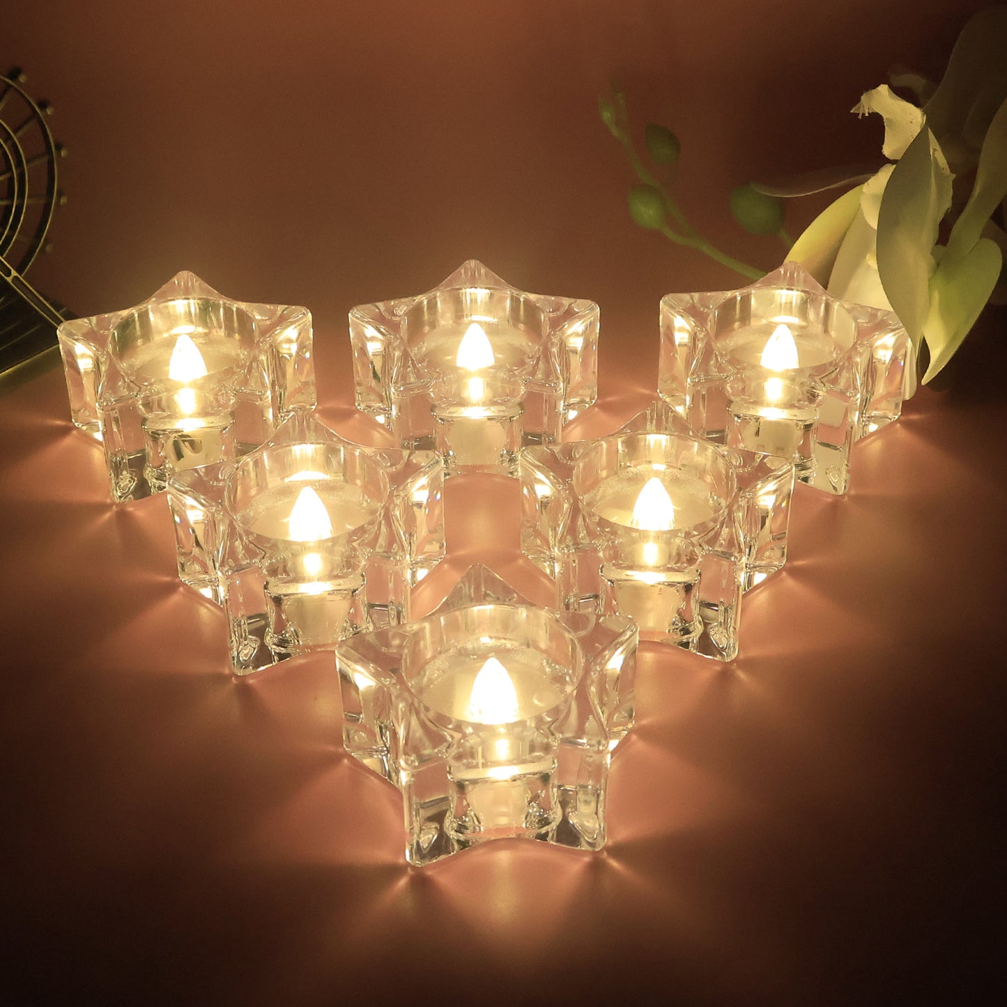 Set of 12 Wukusy LED crystal-effect flameless smokeless candles for home decor, showcasing elegant glowing candle designs.