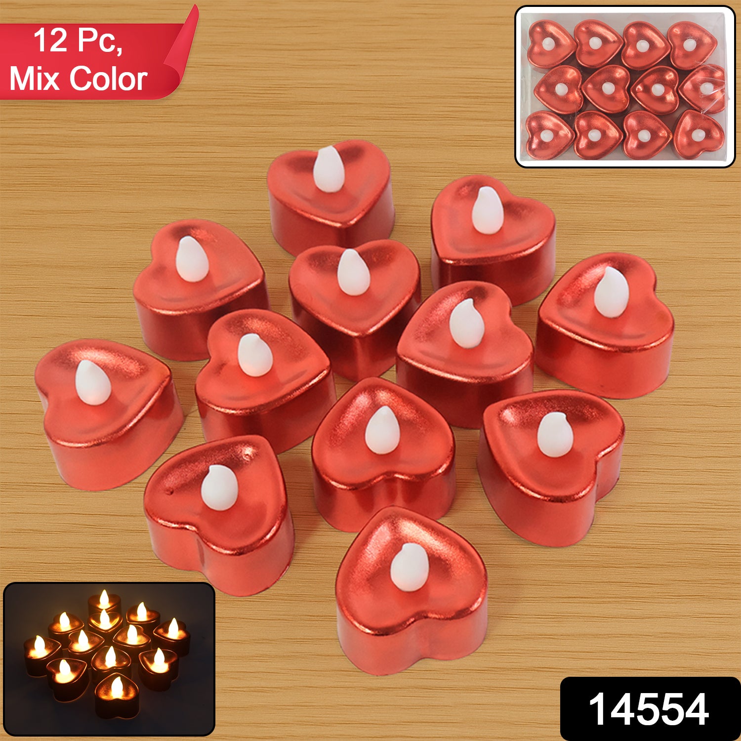 Set of 12 heart-shaped LED tea light candles in mixed colors, ideal for home decor and ambient lighting by Wukusy.