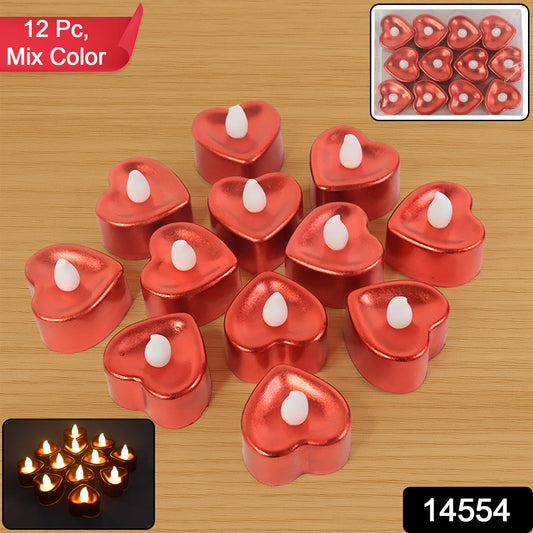 Set of 12 heart-shaped LED tea light candles in mixed colors, ideal for home decor and ambient lighting by Wukusy.