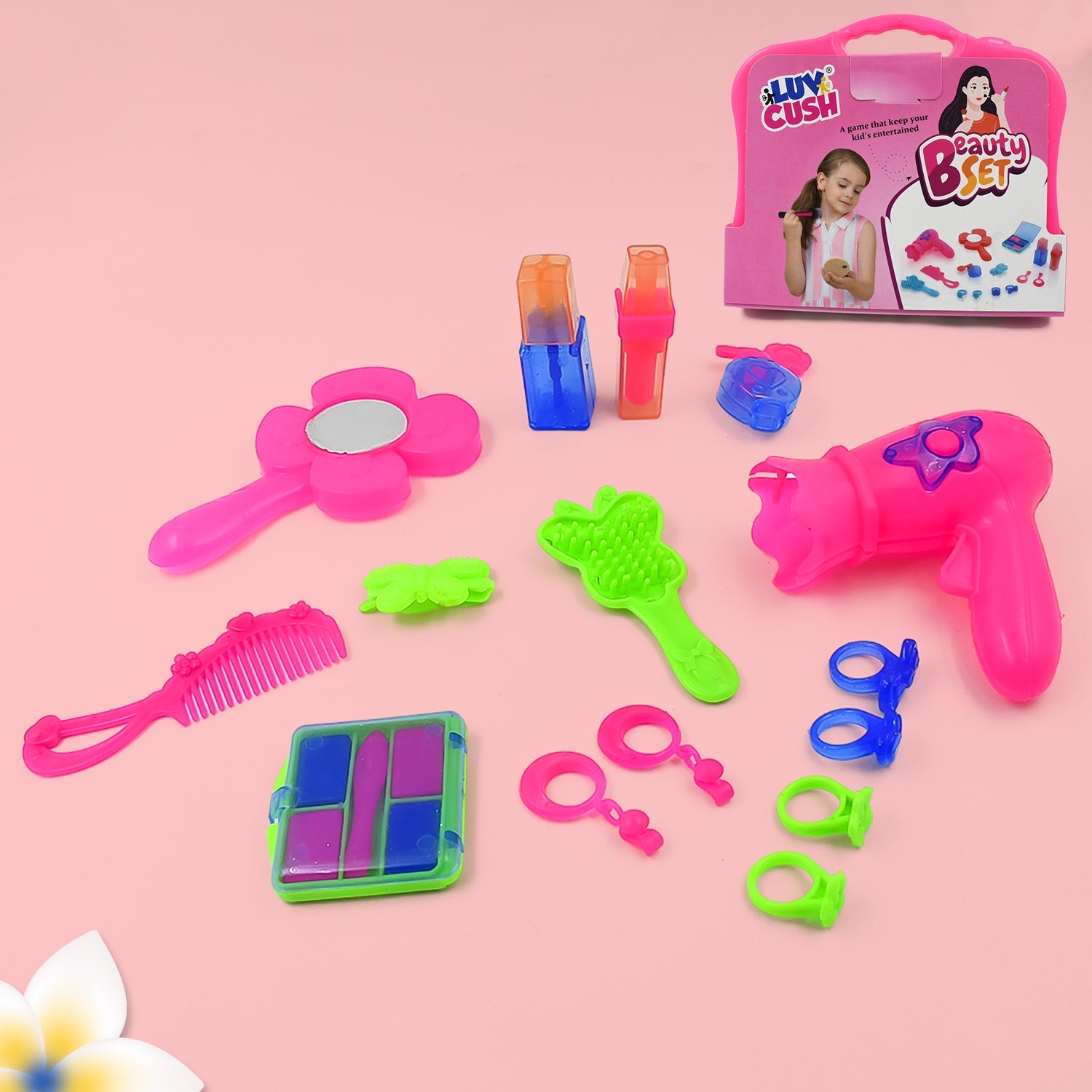 Wukusy Briefcase Beauty Toy Set with approximately 22 colorful plastic accessories for pretend makeup and styling play.