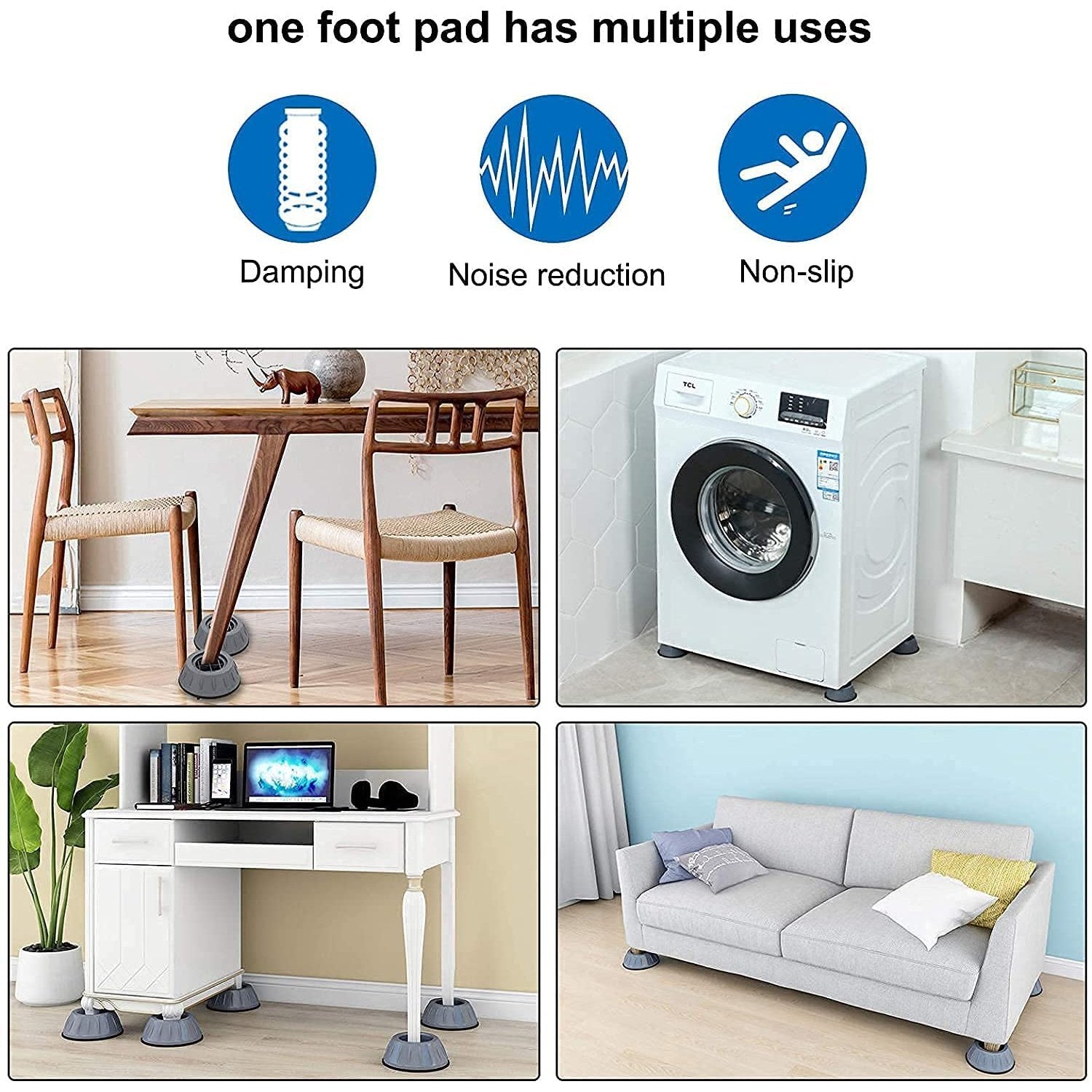 Wukusy 1769 anti-vibration pads with suction cup feet for home improvement, showing black rubber pads attached to a surface.