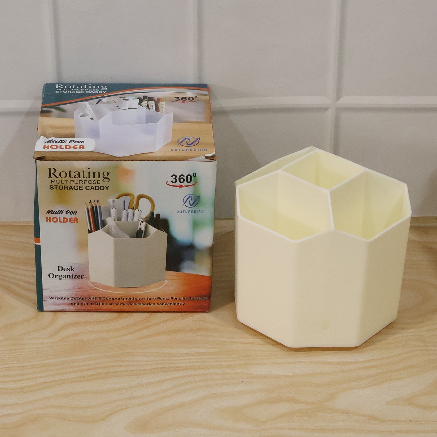 Wukusy 360-degree rotating desk organizer with multiple compartments for keeping workspace tidy and organized.