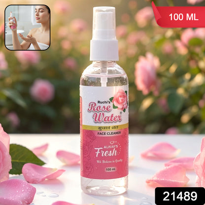 Wukusy Rose Water Face Mist spray bottle, 100 ml, with a clear mist nozzle and elegant packaging, ready for skincare use.