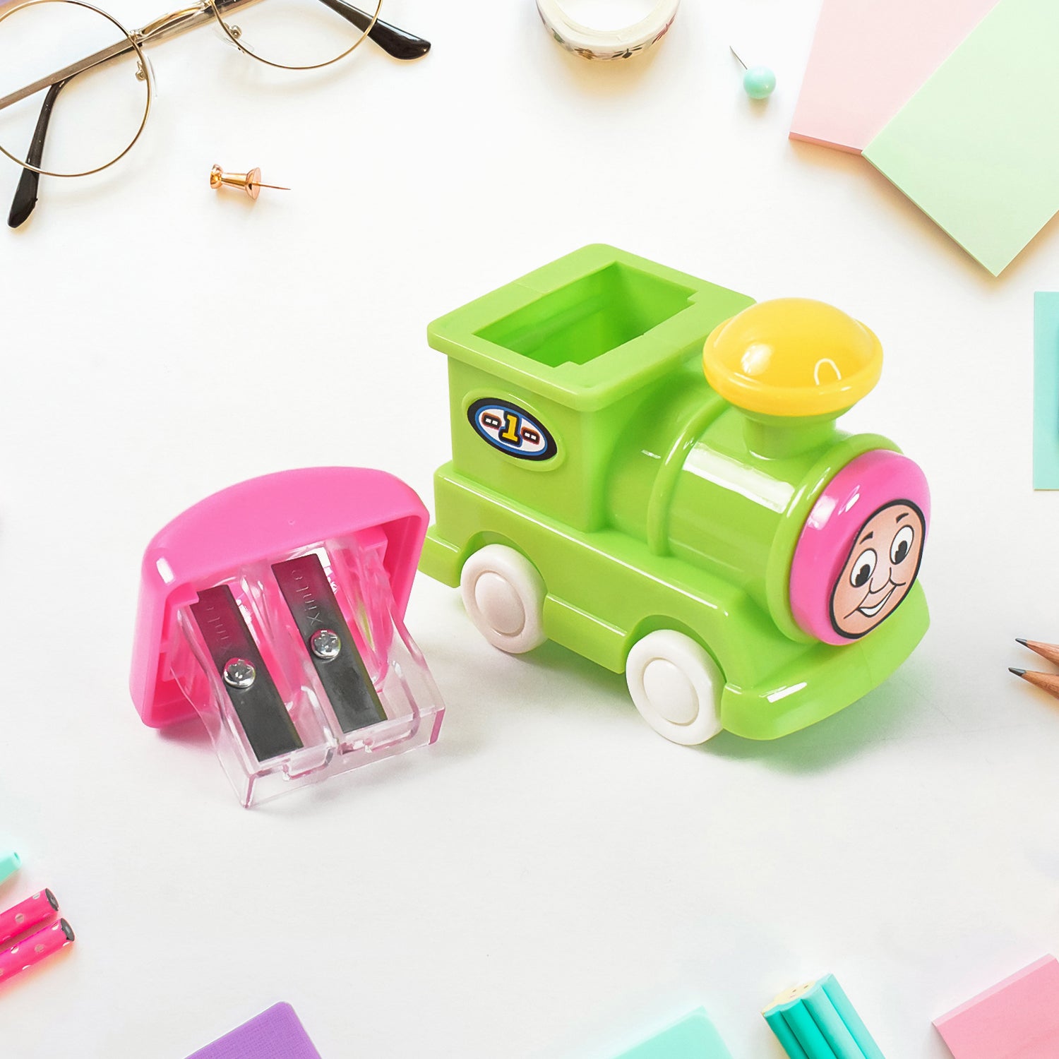 Wukusy Train Double Hole Pencil Sharpener for office use, featuring two sharpening holes and compact design.