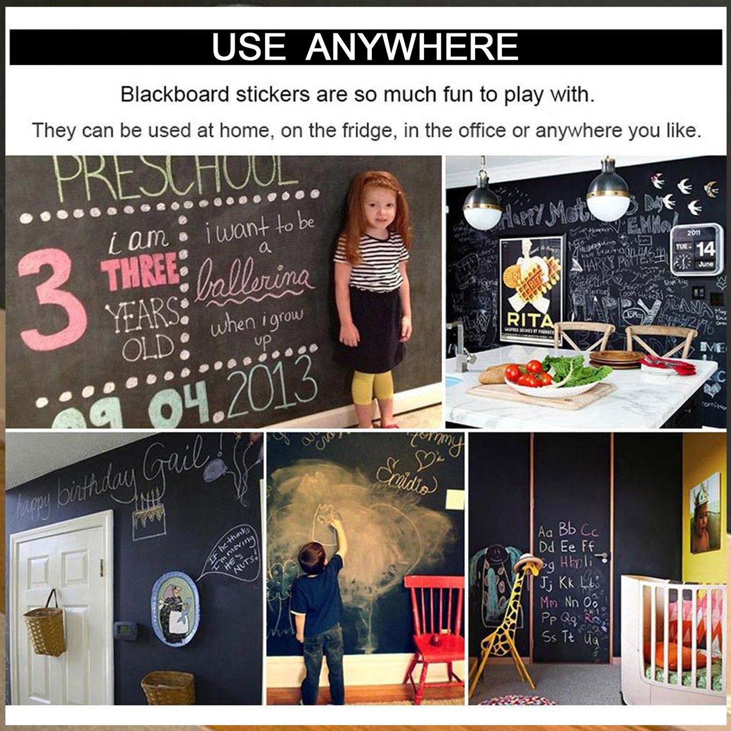 Wukusy blackboard erasable wall sticker with chalkboard surface, removable mural for kids' room decoration and learning space.