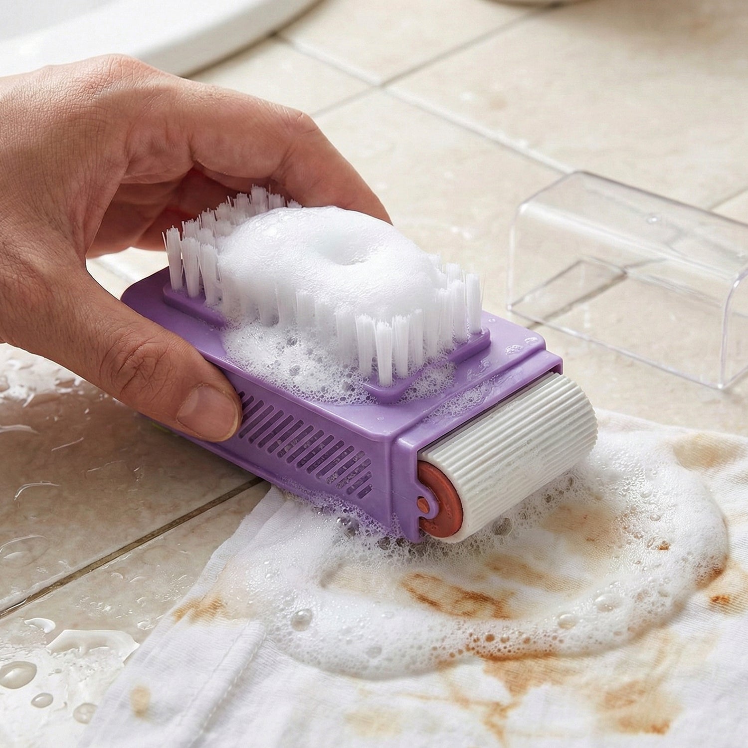 Wukusy multi-functional cleaning brush with roller and scrubber, featuring a sturdy handle and versatile cleaning head.