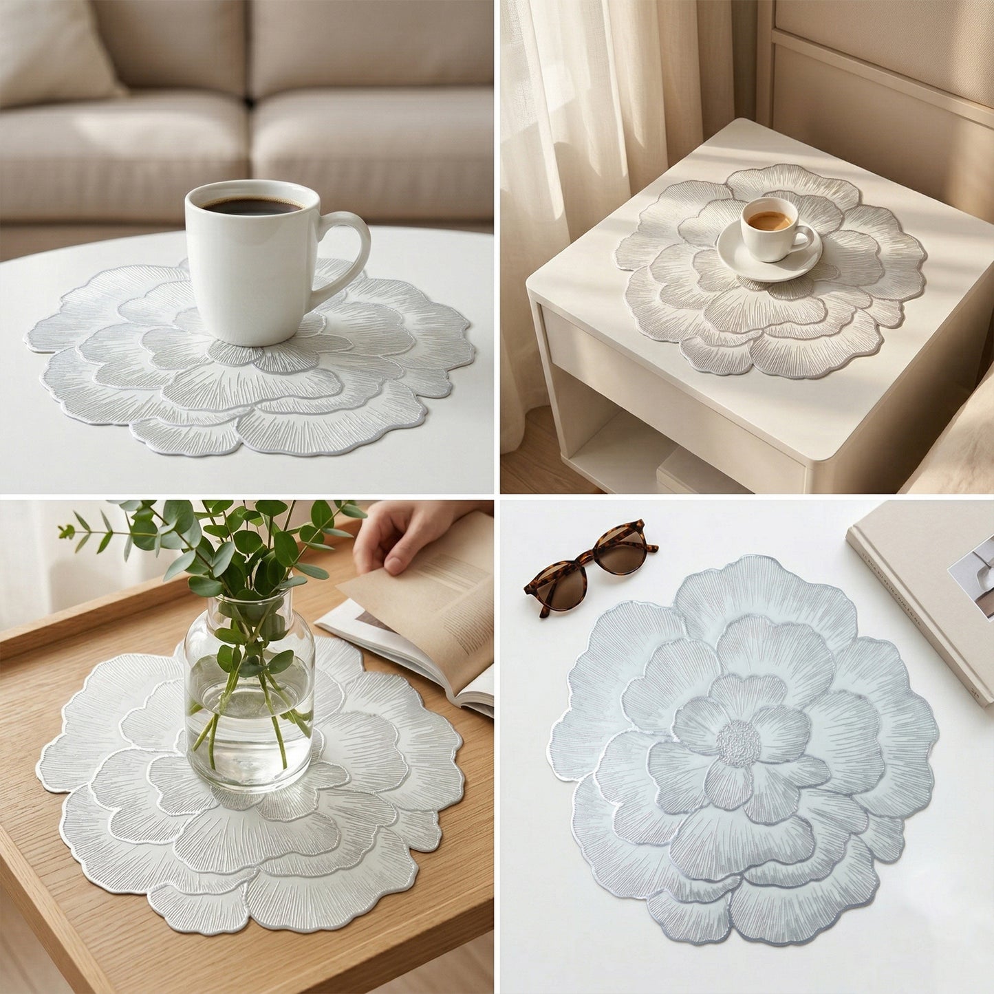 Round floral design PVC table mat by Wukusy, 36x36 cm, featuring colorful floral patterns on durable PVC surface.