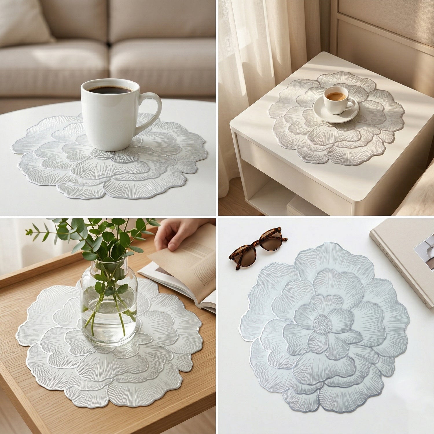 Round floral design PVC table mat by Wukusy, 36x36 cm, featuring colorful floral patterns on durable PVC surface.