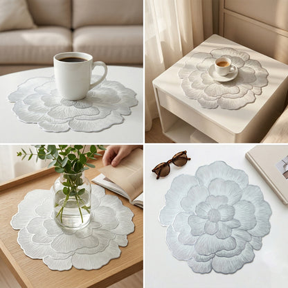 Round floral design PVC table mat by Wukusy, 36x36 cm, featuring colorful floral patterns on durable PVC surface.