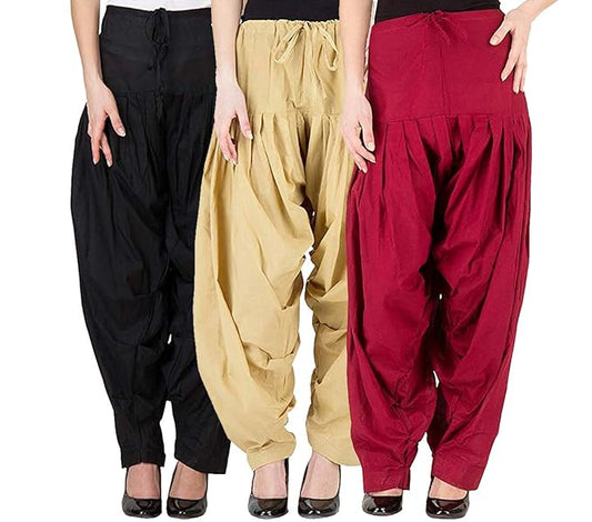 Three women's cotton Patiala Salwar combo pack in vibrant colors, full stitched and ready to wear from FIZZI SHOP.