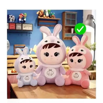 Pink plush stuffed doll with bunny cap by Ekom, soft toy for kids and girls, featuring a cute bunny hat and cuddly design.