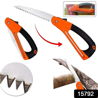 Wukusy 15-inch mini pruning folding saw for garden use, showing the compact design and sharp blade in a natural outdoor setting.