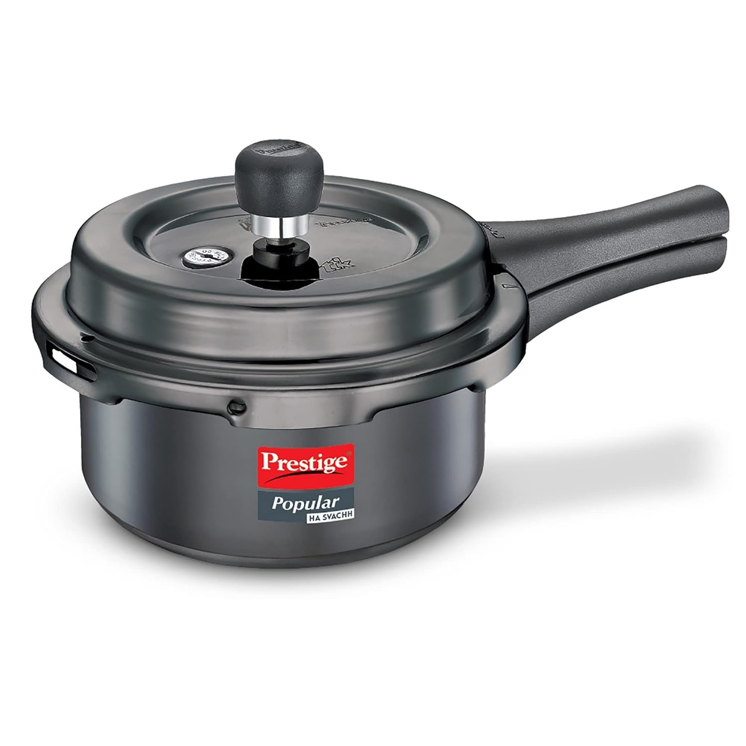 Seasons Prestige Popular Svachh HA 2L hard anodized pressure cooker with deep lid controls for spill-free cooking.