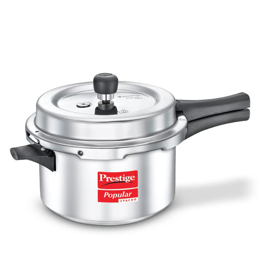Seasons Prestige by TTK Popular Svach 4L aluminium pressure cooker with lid and handles, ready for cooking.