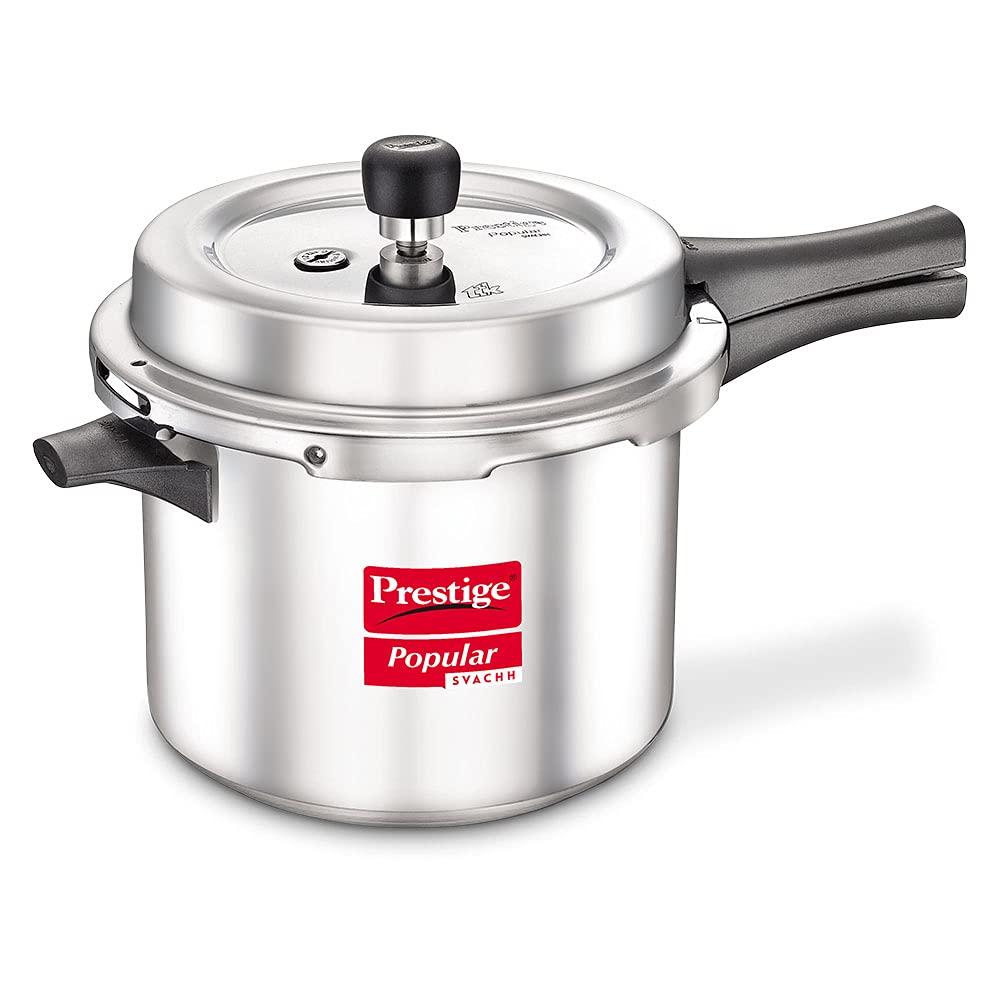 Seasons Prestige Popular Svachh aluminium 5L pressure cooker with lid and handles, designed for efficient cooking.