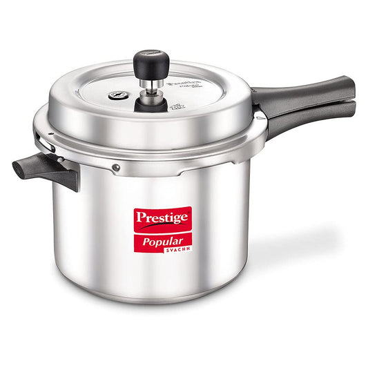 Seasons Prestige Popular Svachh aluminium 5L pressure cooker with lid and handles, designed for efficient cooking.