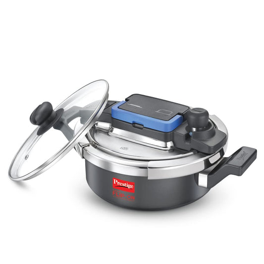 Seasons Prestige Svachh Flip-on Mini 2L induction bottom hard anodized pressure cooker, compact and durable for quick cooking.