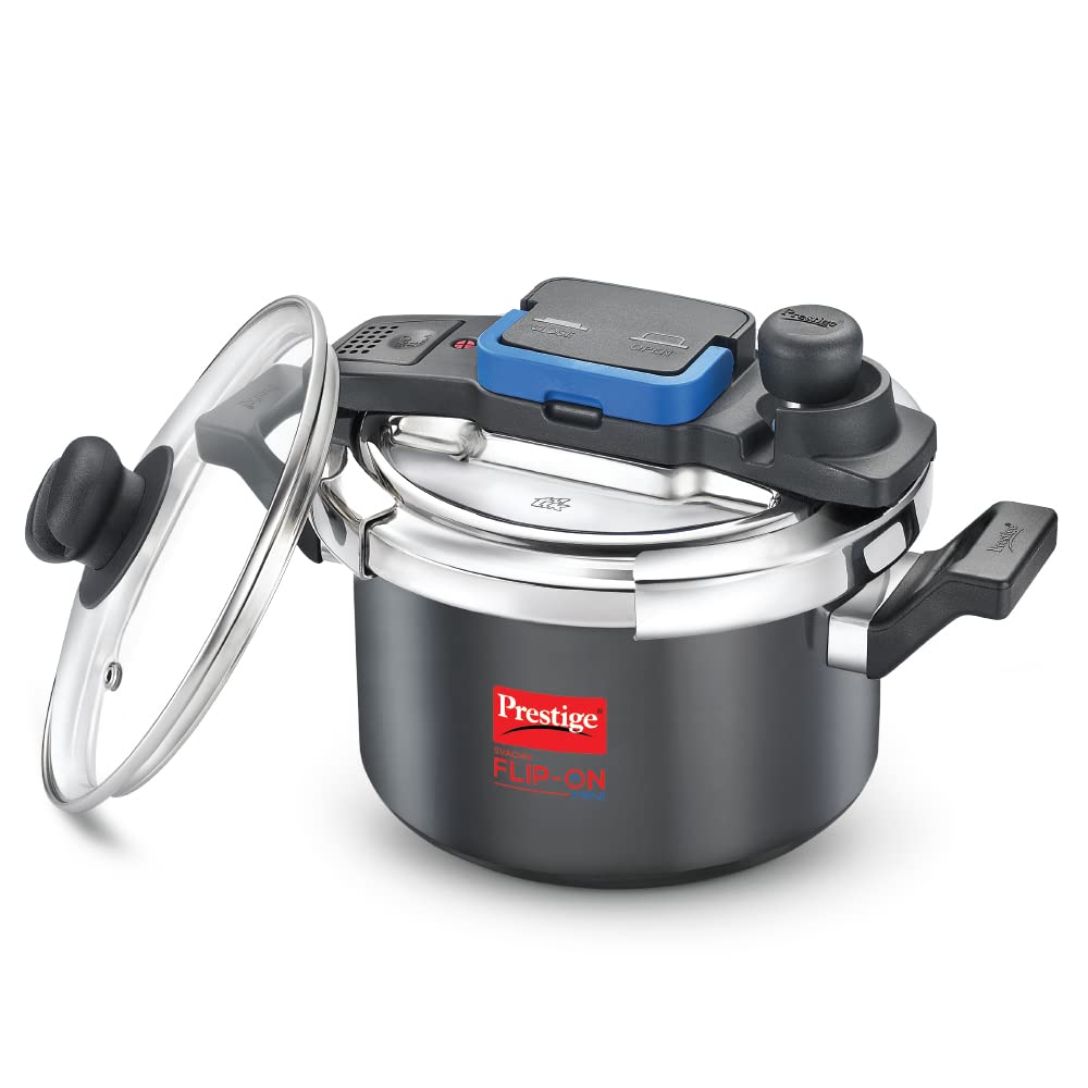 Seasons Prestige Svachh Flip-on Mini 3L induction pressure cooker with hard anodized finish, compact and sturdy kitchen cookware