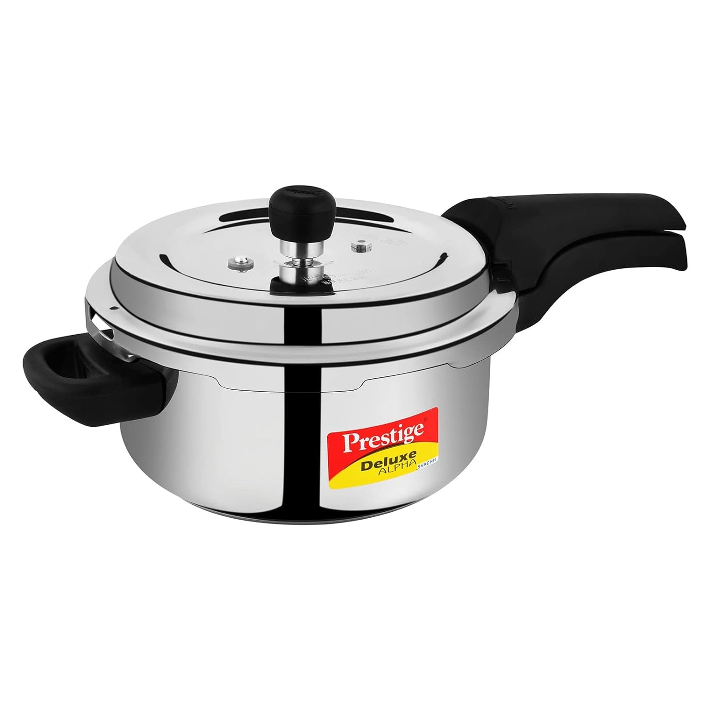 Seasons Prestige Deluxe Alpha Svachh 3L stainless steel induction pressure cooker with secure lid and sturdy handle.