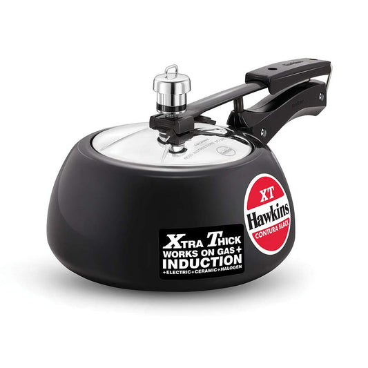 Seasons Hawkins Contura Black XT 2L induction pressure cooker with hard anodized bottom, sleek black finish, and sturdy handle.