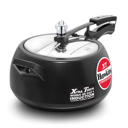 Seasons Hawkins Contura Black XT 5L induction bottom pressure cooker with hard anodized finish, sturdy handle, and secure lid.