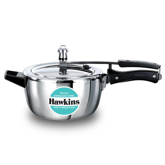 Seasons Hawkins Triply stainless steel 3.5L induction pressure cooker with secure lid and sturdy handle, suitable for various stovetops.