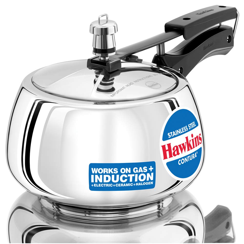 Seasons Hawkins Stainless Steel Contura 3L pressure cooker with induction-compatible bottom, durable stainless steel construction.