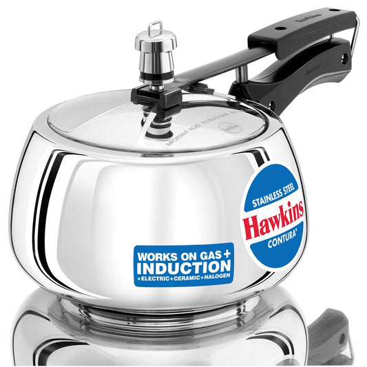 Seasons Hawkins Stainless Steel Contura 3L pressure cooker with induction-compatible bottom, durable stainless steel construction.