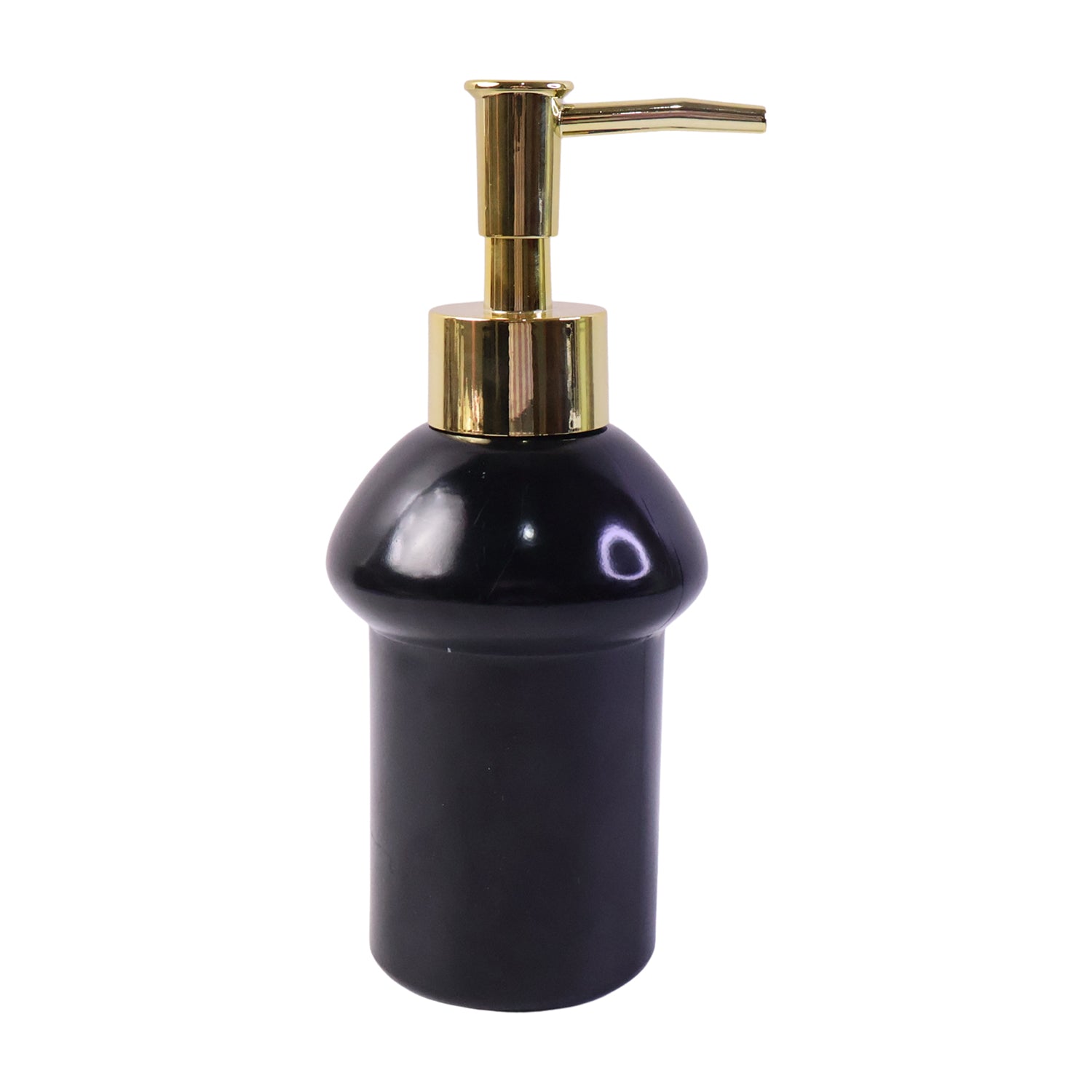 Black glass liquid soap dispenser bottle with gold pump, refillable, Wukusy brand, featuring a sleek and modern design.