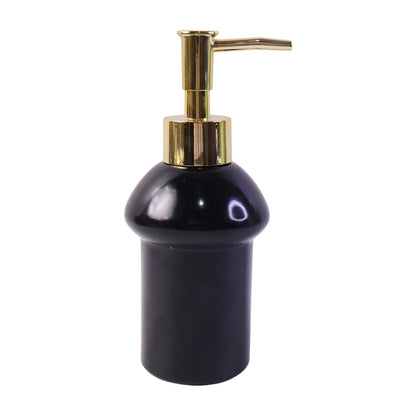 Black glass liquid soap dispenser bottle with gold pump, refillable, Wukusy brand, featuring a sleek and modern design.