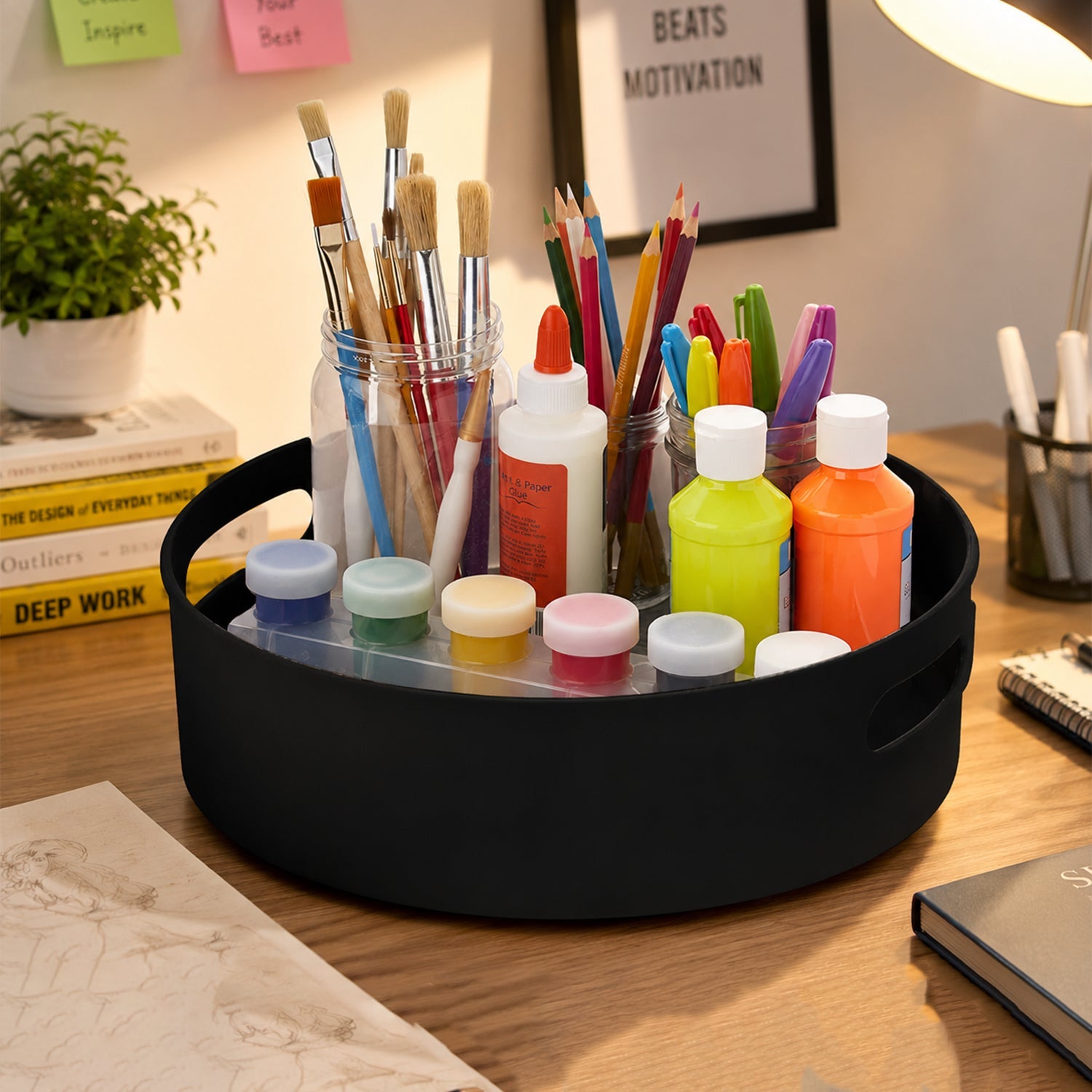 Wukusy rotating round storage tray organizer for kitchen, bathroom, or desk, showing a sleek, multi-use circular storage solution.