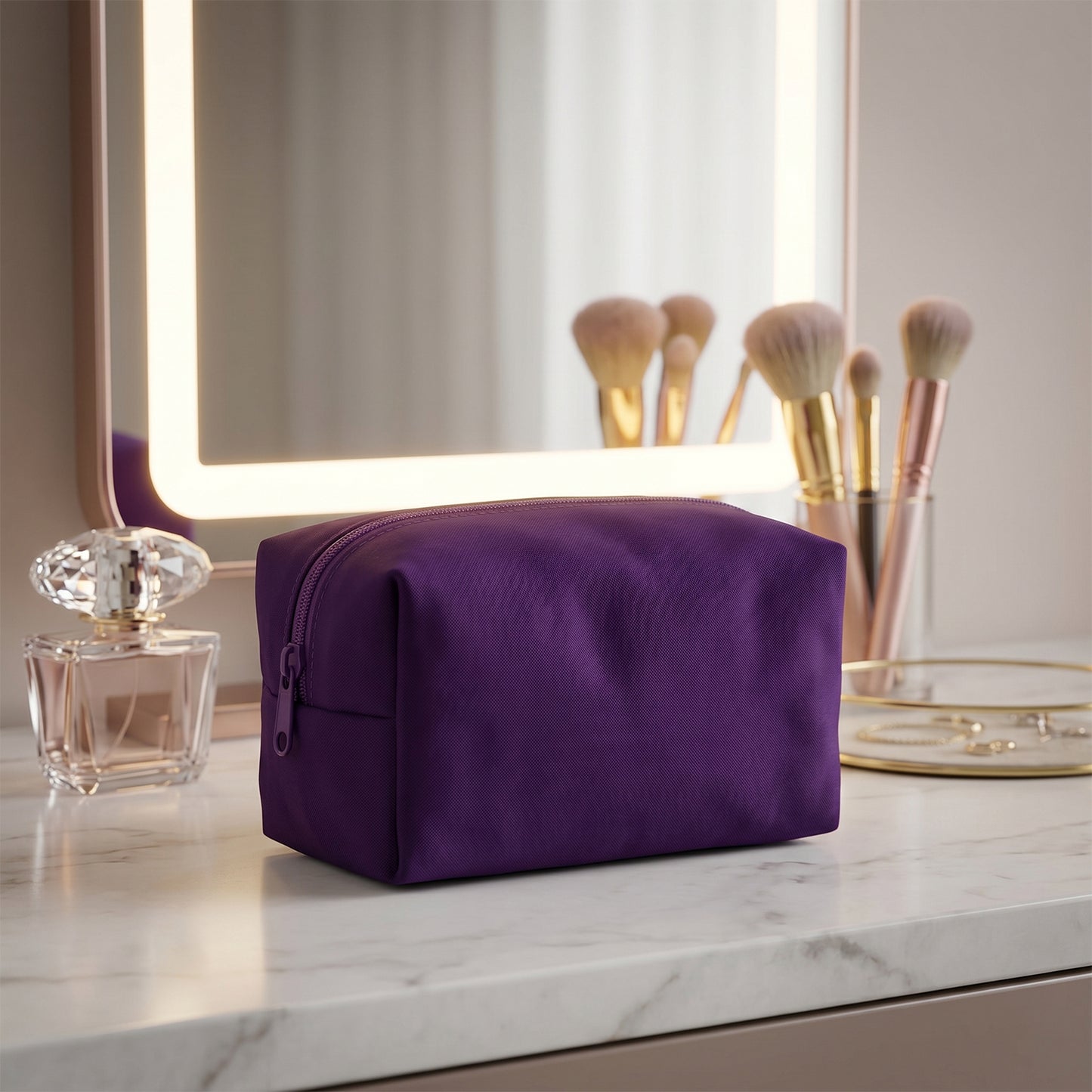 Wukusy multipurpose travel makeup organizer storage bag with compartments for cosmetics and toiletries on a white background.