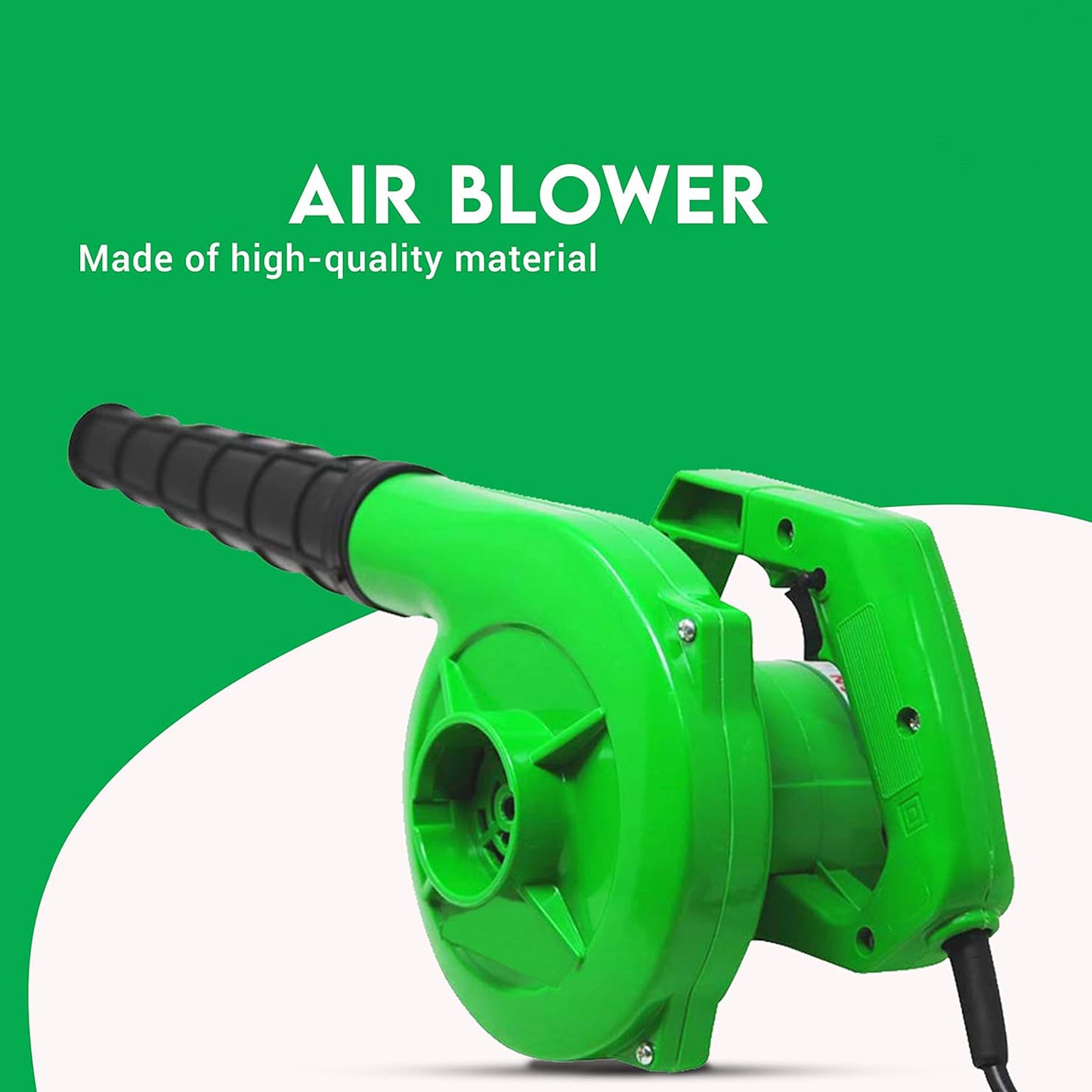 Wukusy 650V portable electric air blower with green casing, 350W power, 13000 RPM, used for home, office, or outdoor cleaning.