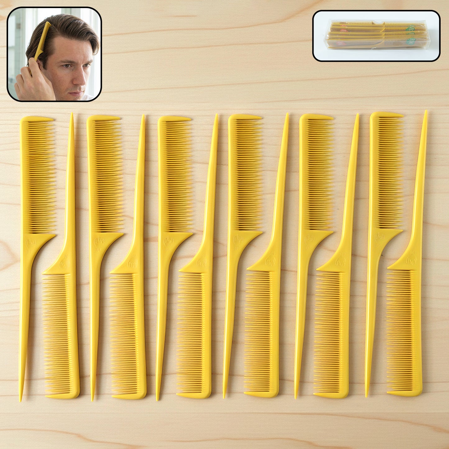 Wukusy professional tail comb set with 12 hair styling combs, featuring fine and wide teeth for precise hair sectioning and styling.